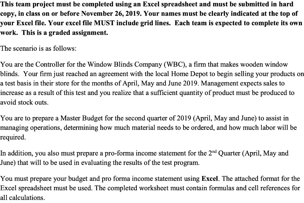  This team project must be completed using an Excel spreadsheet and