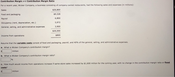  Contribution Margin and Contribution Margin Ratio For a recent year, Wicker