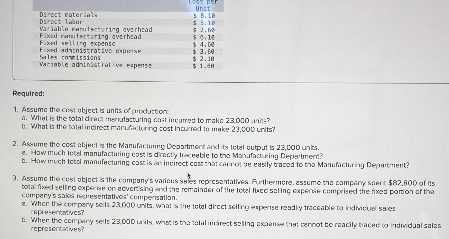 Unit Direct materials 8. 10 Direct labor $ 5.10 Variable manufacturing overhead