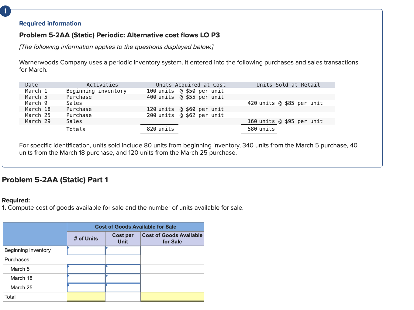  Required information Problem 5-2AA (Static) Periodic: Alternative cost flows LO P3