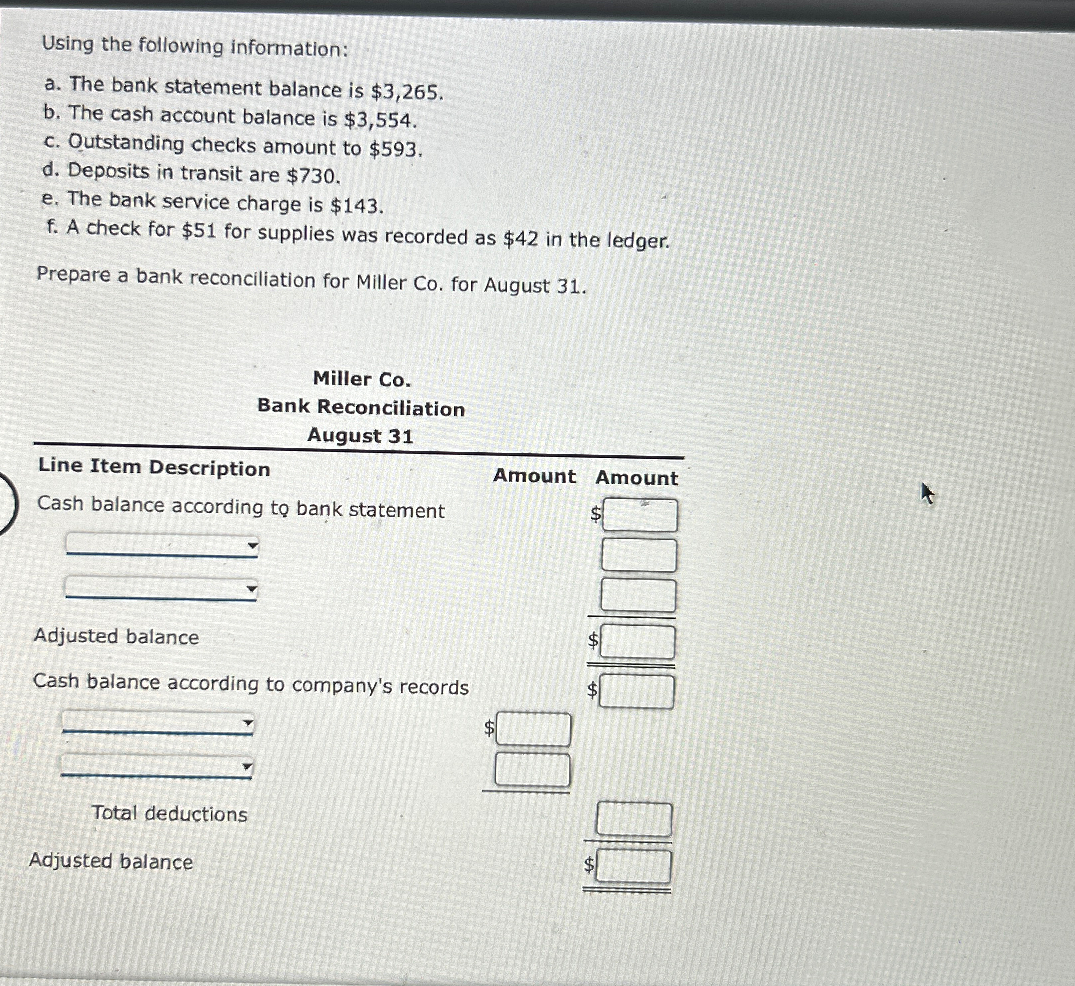  Using the following information: a. The bank statement balance is $3,265.