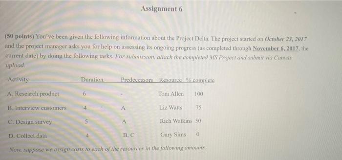  Assignment 6 (50 points) You've been given the following information about