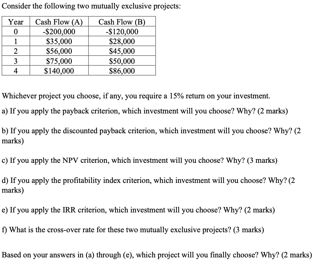  Consider the following two mutually exclusive projects: Whichever project you choose,
