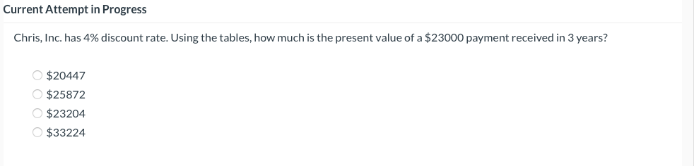  Current Attempt in Progress Chris, Inc. has 4% discount rate. Using