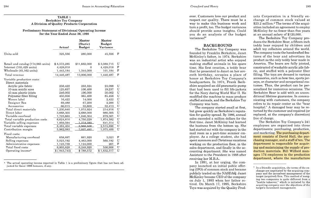 2000 Budgeting and Performance Evaluation at the Berkshire Toy Company Dean Crawford