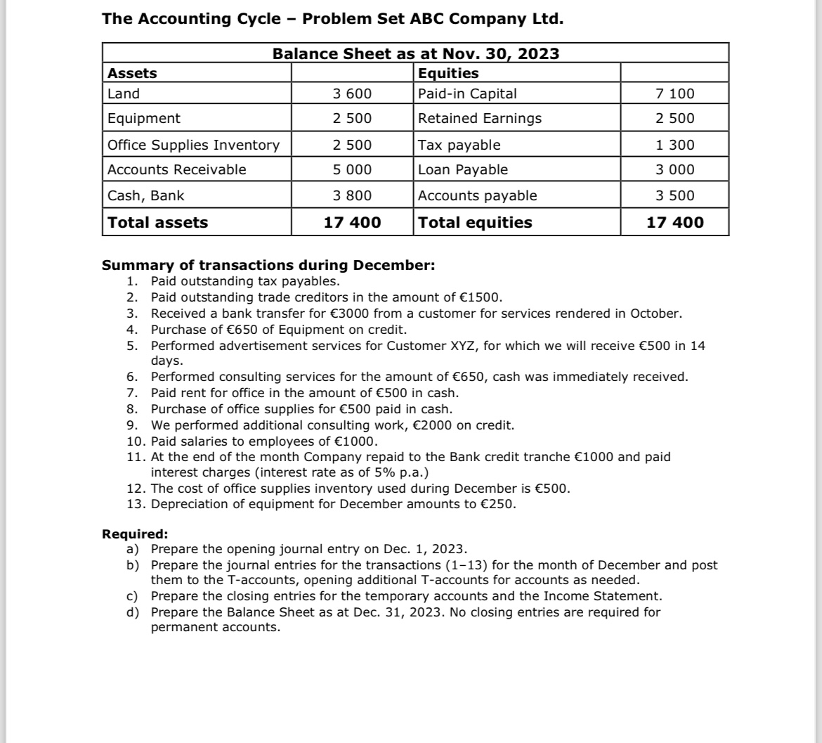  The Accounting Cycle - Problem Set ABC Company Ltd. Summary of