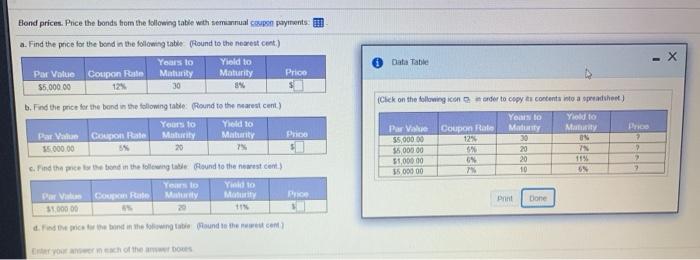  Data Table Bond prices. Pnce the bonds from the following table