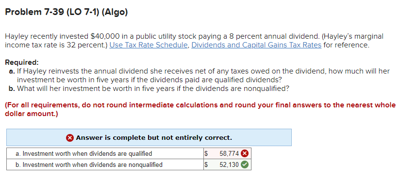  Problem 7.39(LO 7-1)(Algo) Hayley recently invested $40,000 in a public utility