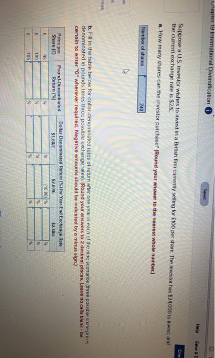  Chapter 19 International Diversification 6 Seved Saved Help Save & E