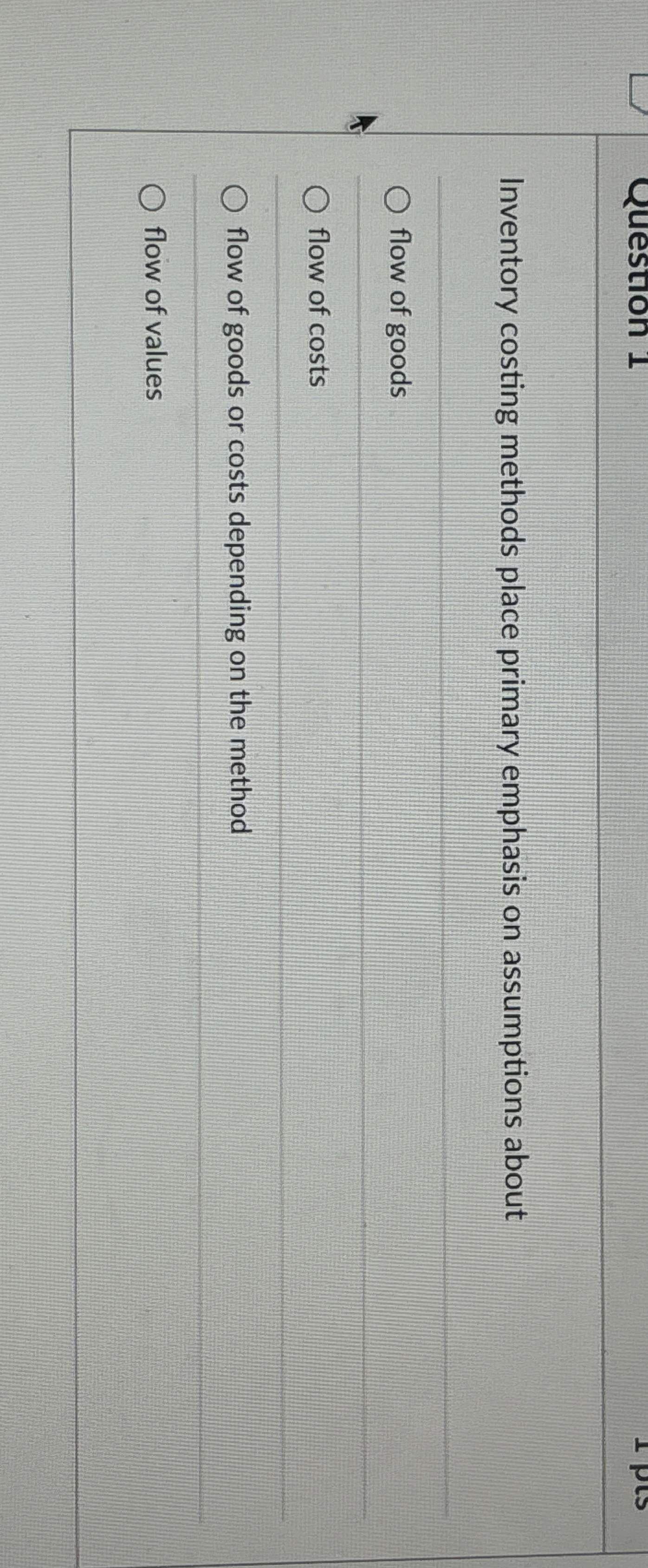  Inventory costing methods place primary emphasis on assumptions about flow of