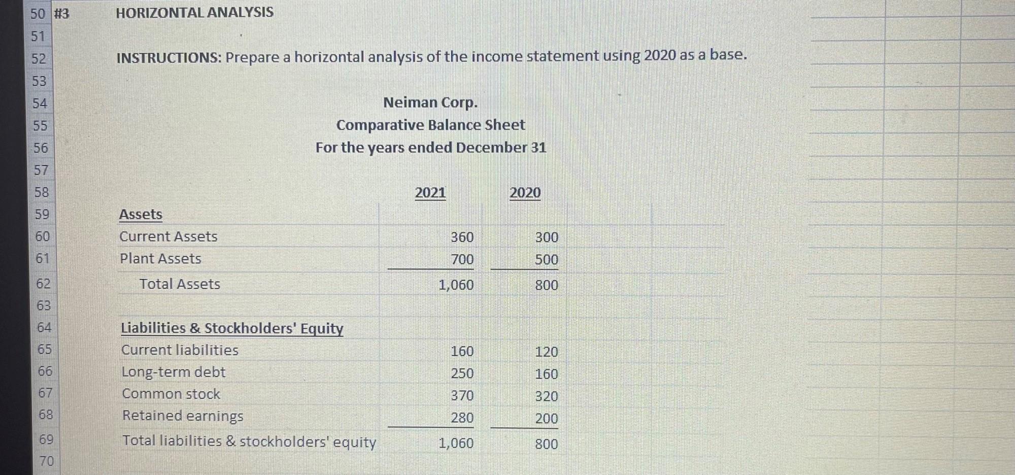  50 #3 HORIZONTAL ANALYSIS 51 52 INSTRUCTIONS: Prepare a horizontal analysis