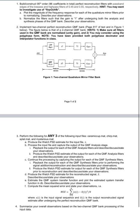 Matlab 1. Bulld/construct 95 order (96 coetficients in total) perflect reconstruction fiters