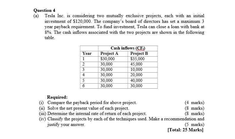 Question 4 (a) Tesla Inc. is considering two mutually exclusive projects,