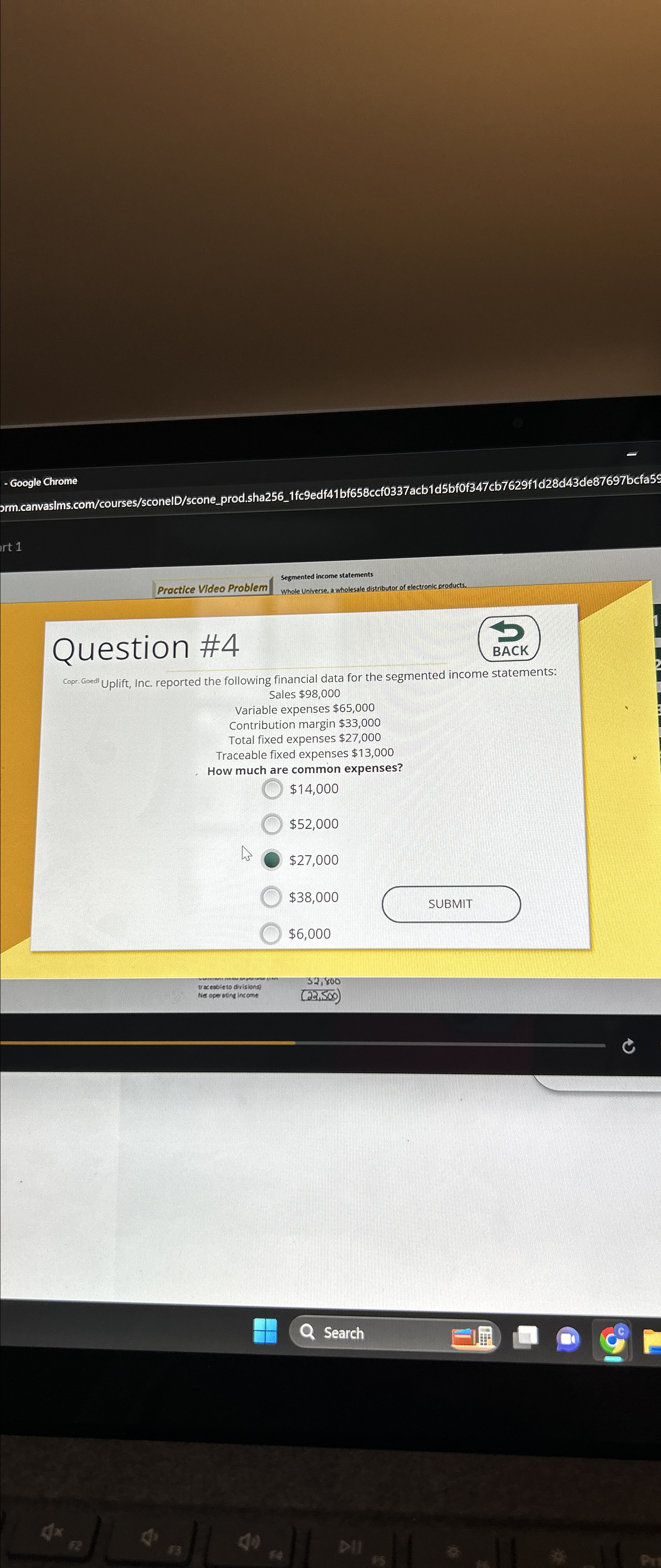  -Google Chrome orm.canvaslms.com/courses/sconelD/scone_prod.sha256_1fc9edf41bf658ccf0337acb1d5bfof347cb7629f1d28d43de87697bcfa5 irt 1 Practice VIdeo Problem (income statements hole