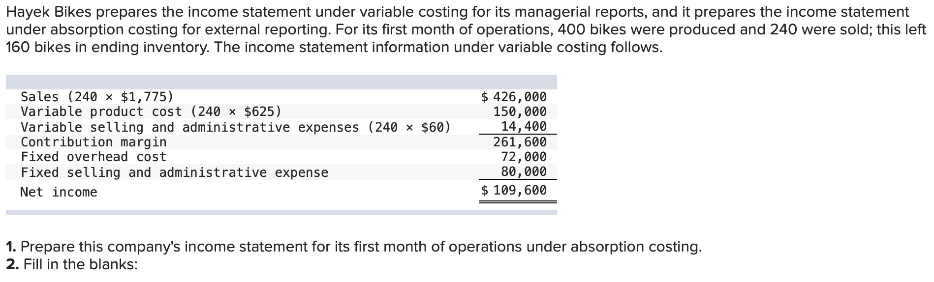 Hayek Bikes prepares the income statement under variable costing for its