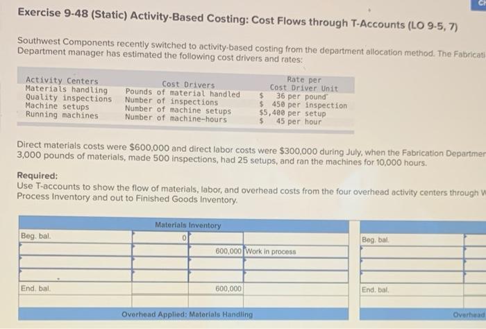  CH Exercise 9-48 (Static) Activity-Based Costing: Cost Flows through T-Accounts (LO