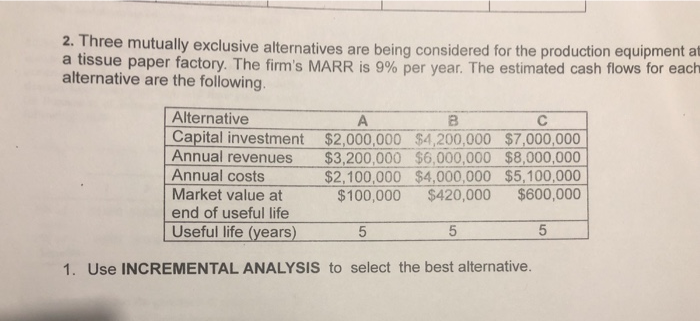  2. Thre e mutually exclusive alternatives are being considered for the