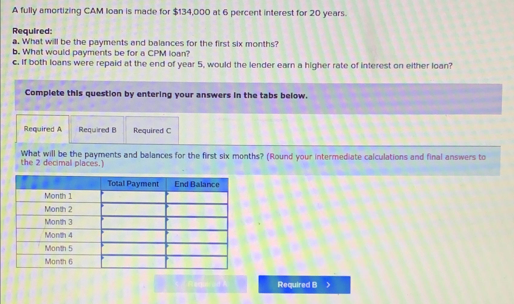  A fully amortizing CAM loan is made for $134,000 at 6