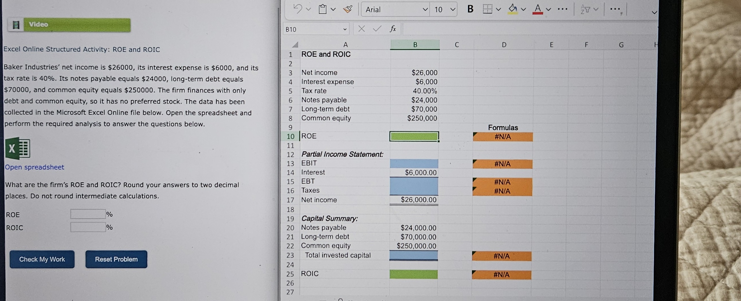  Excel Online Structured Activity: ROE and ROIC Baker Industries' net income