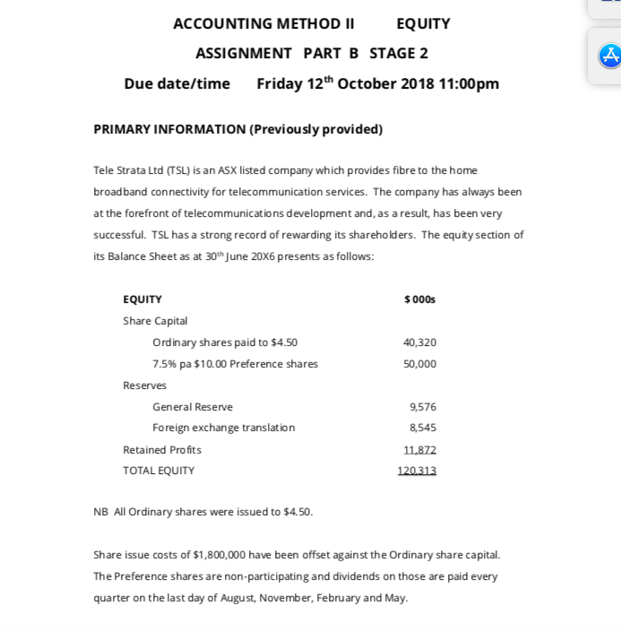  ACCOUNTING METHOD II EQUITY ASSIGNMENT PART B STAGE 2 Due date/time