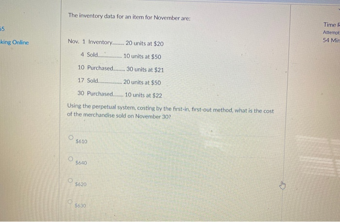  The inventory data for an item for November are: 55 Time
