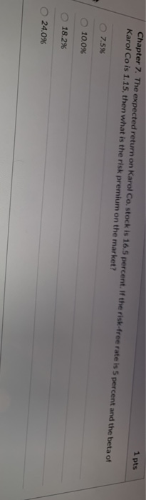  Chapter 7. The expected return on Karol Costock is 16.5 percent.