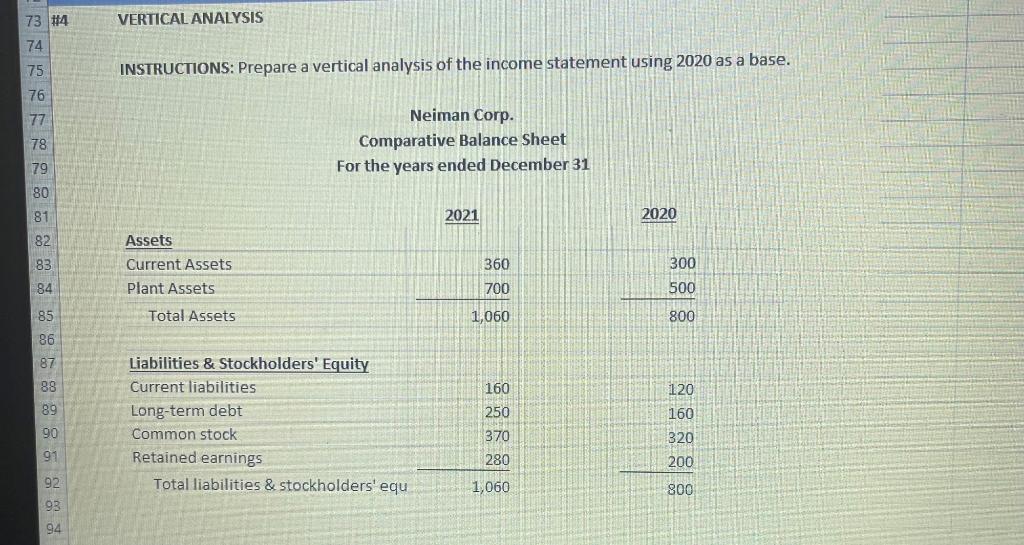  73 #14 VERTICAL ANALYSIS 74 75 INSTRUCTIONS: Prepare a vertical analysis