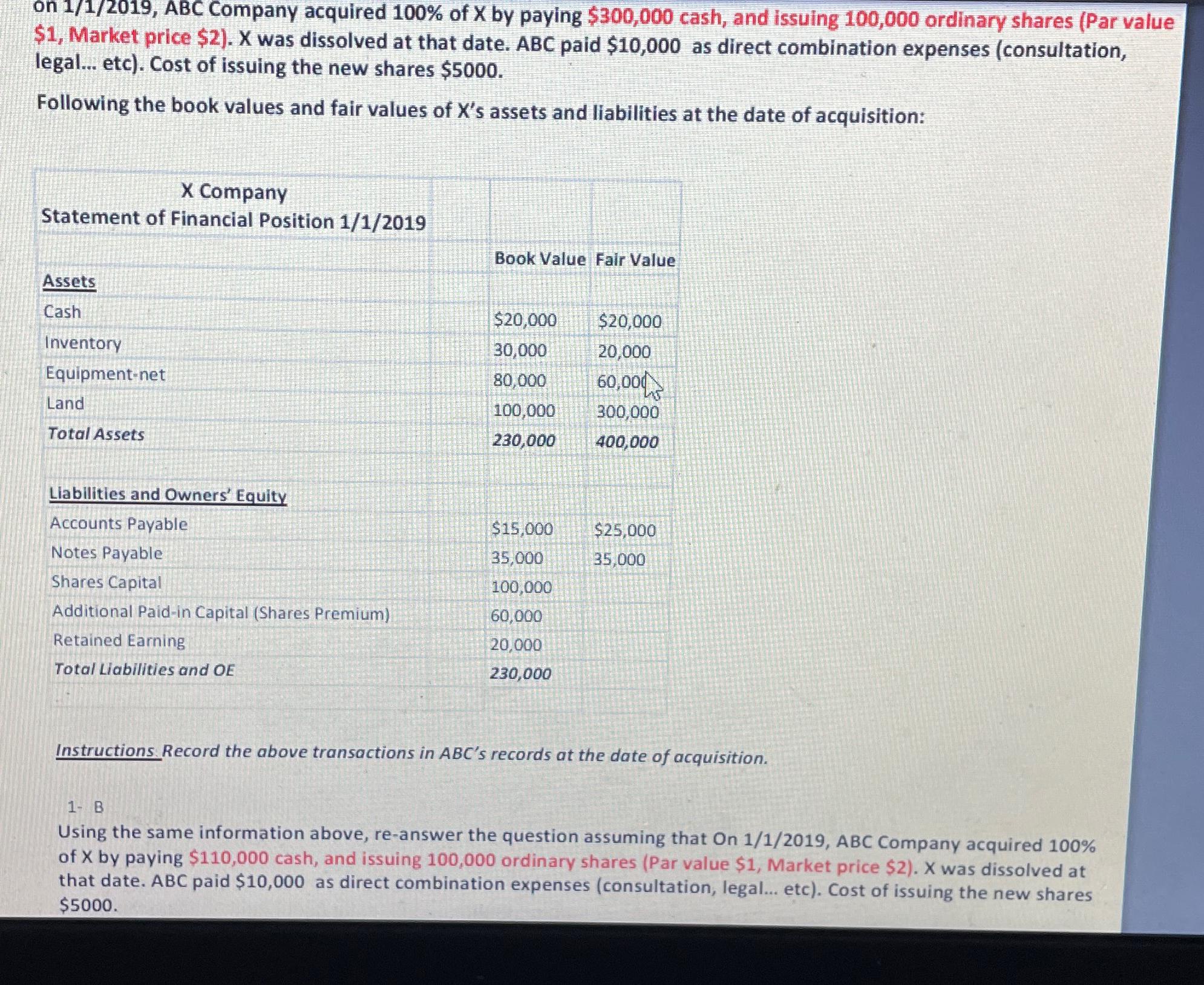  on 1/1/2019, ABC Company acquired 100% of X by paying $300,000