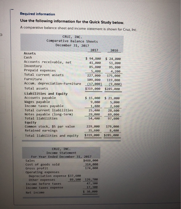  Required information Use the following information for the Quick Study below.
