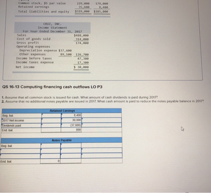 A comparative balance sheet and income statement is shown for Cruz, Inc.