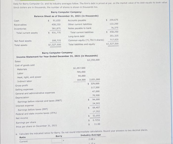  Data for Barry Computer Co. and its industry averages follow. The