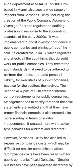 In your initial post, address the following: What implications does Sarbanes-Oxley have