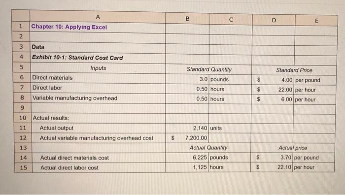  A B D E 1 Chapter 10: Applying Excel 2 3