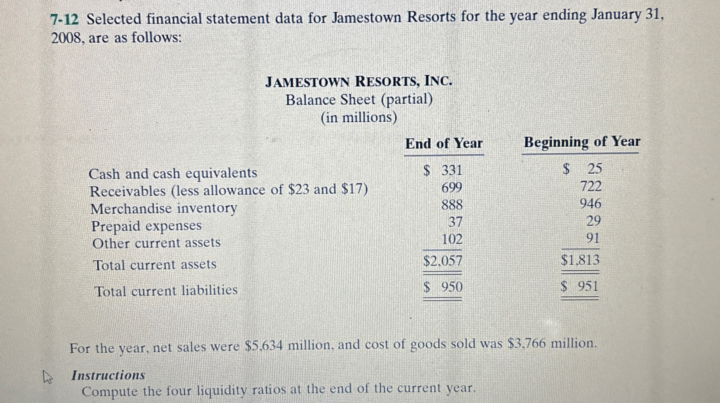  7-12 Selected financial statement data for Jamestown Resorts for the year