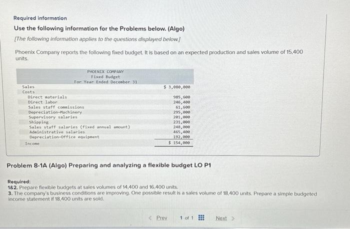  Required information Use the following information for the Problems below. (Algo)