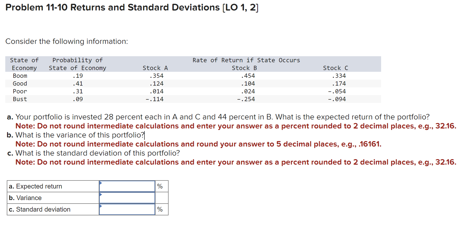  Problem 11-10 Returns and Standard Deviations [LO 1, 2] Consider the
