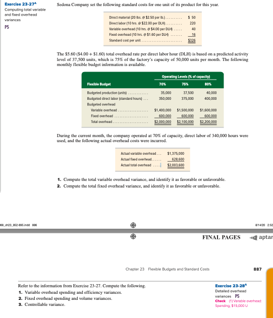  Exercise 23-27 Computing total variable and fixed overhesd veriances P5 Sedona