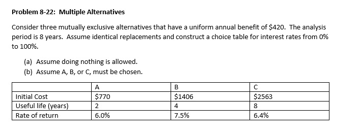  Problem 8-22: Multiple Alternatives Consider three mutually exclusive alternatives that have