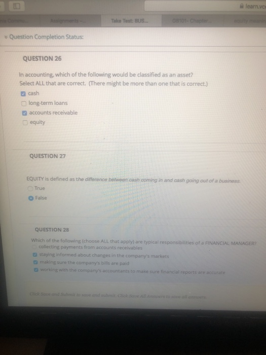  learn.vc Take Test: BUS.. 68101 y Question Completion Status: QUESTION 26