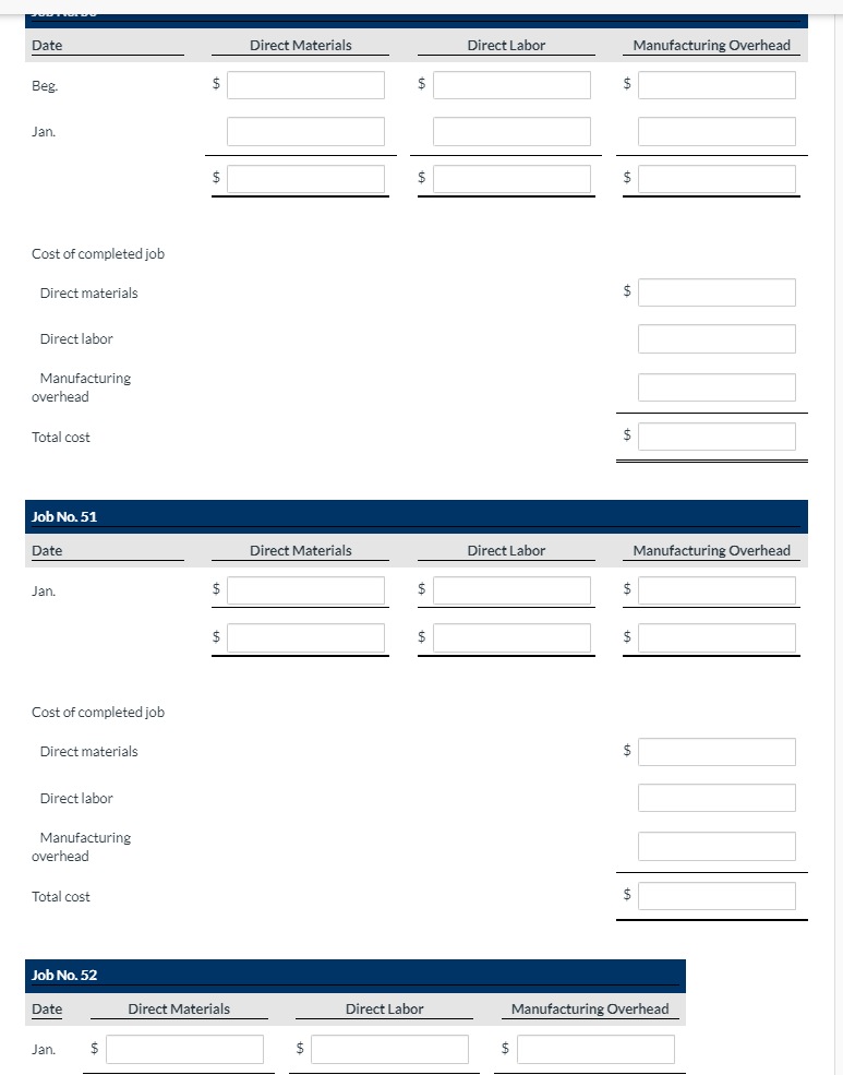 direct labor costs. On January 1, 2022, Job 50 was the only