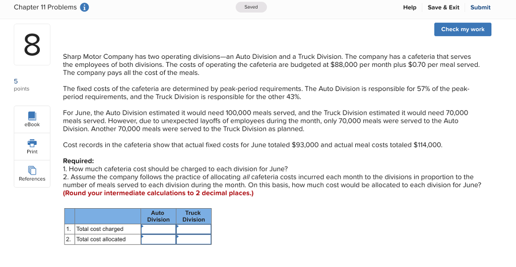 Chapter 11 Problems Saved Help Save & Exit Submit Check my