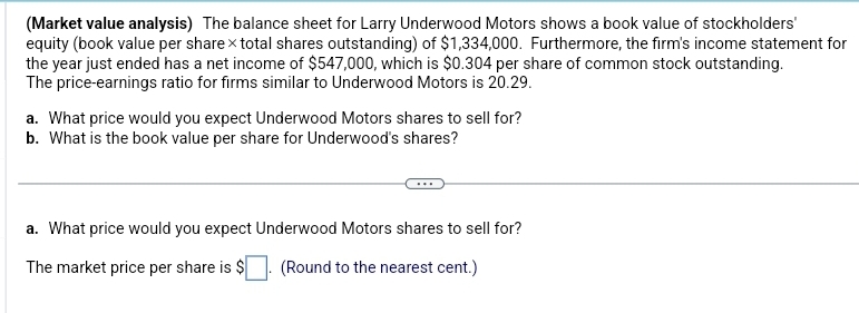  (Market value analysis) The balance sheet for Larry Underwood Motors shows