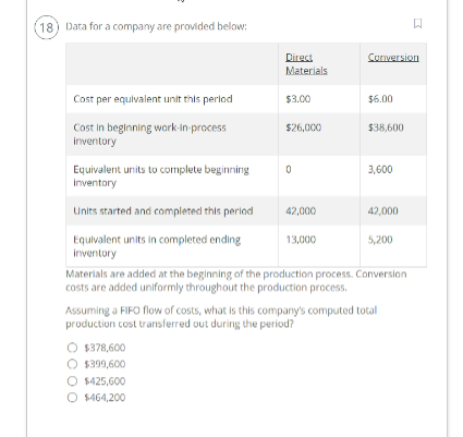  (18) Data for a company are provided below: Materials are added
