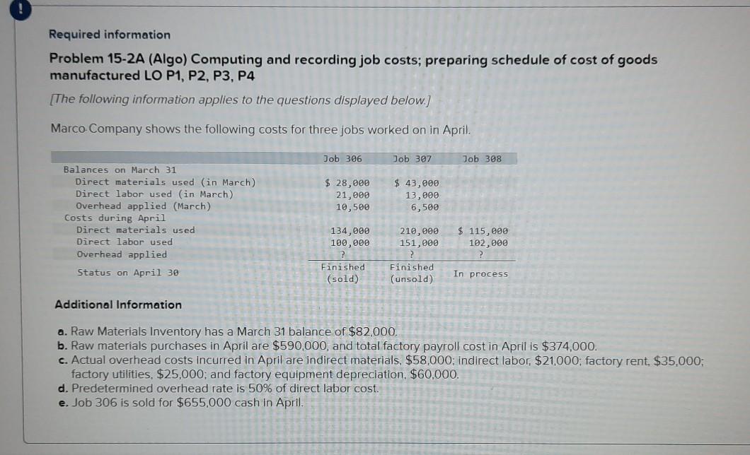 Required information Problem 15-2A (Algo) Computing and recording job costs; preparing