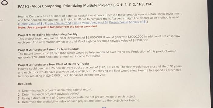  PA11-3 (Algo) Comparing, Prioritizing Multiple Projects [LO 11-1, 11-2, 11-3, 11-6]