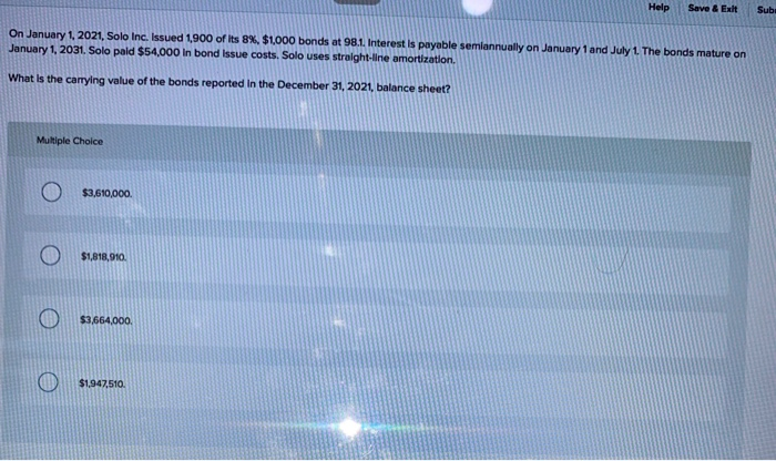  Help Save & Exit Sub: On January 1, 2021, Solo Inc.