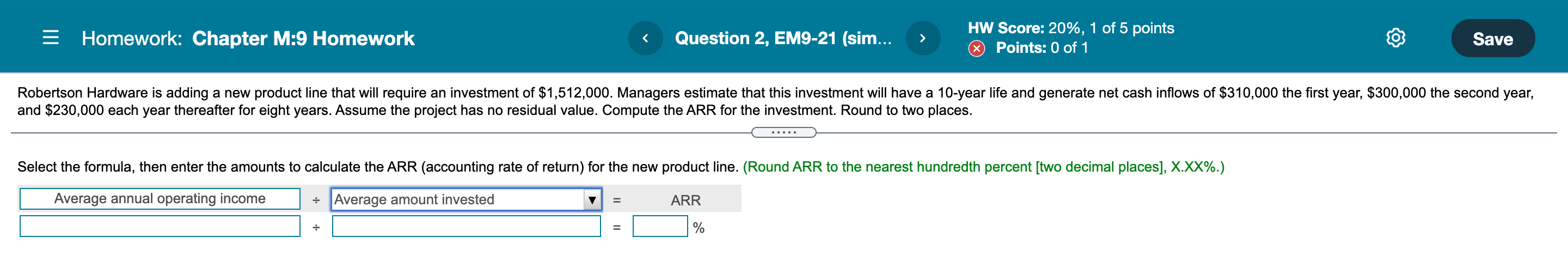  = Homework: Chapter M:9 Homework Question 2, EM9-21 (sim... > HW