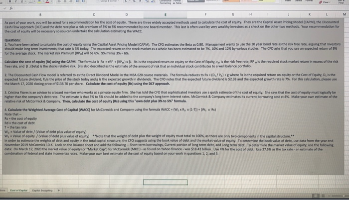 well. D G H K M Information from McCormick Your task is