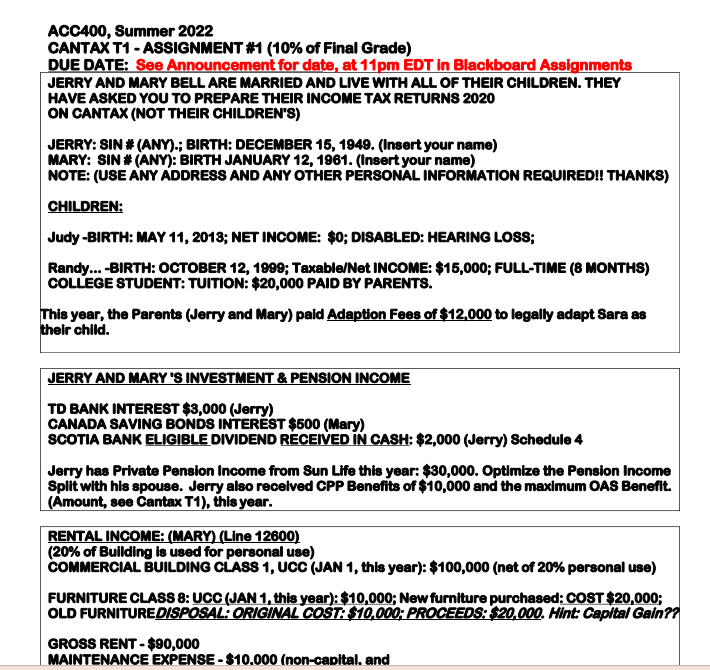  CANTAXT1 - ASSIGNMENT #1 (10\% of Final Grade) DUE DATE: See