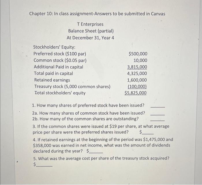  Chapter 10: In class assignment-Answers to be submitted in Canvas T